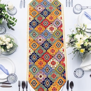 Embroidered Bohemian Vintage Turkish Linen Table Runner,55&#39;&#39; Rustic dining table Runner,Decorative Kitchen Runner,Boho Table Runner.