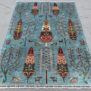 Tree of Life Rug 5x7 ft – Turquoise Wool Area Rug with Animal & Nature Motifs – Handmade Decorative Carpet – Symbolic Bohemian Decor