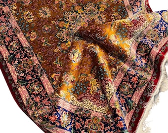 Luxe 5 x 7 Perzisch zijden vloerkleed - bruin en veelkleurig medaillontapijt, bloemen traditioneel vloerkleed voor woonkamer woondecoratie
