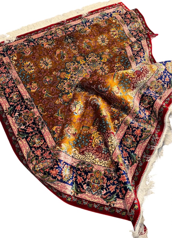 Luxurious 5x7 Persian Silk Rug - Brown & Multicolor Medallion Carpet, Floral Traditional Area Rug for Living Room Home Decor