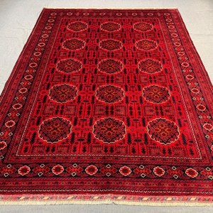 Handmade 6x10 Red Wool Rug-Traditional Large Afghan Rug with Geometric Patterns,Handcrafted 6x10 Red Oriental Rug-Vibrant Wool Rug for home.