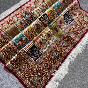 Silk Area Rug 4x6 ft – Multicolor Patchwork Panel Design with Floral Motifs – 120x177 cm Decorative Oriental Carpet for Floor or Wall