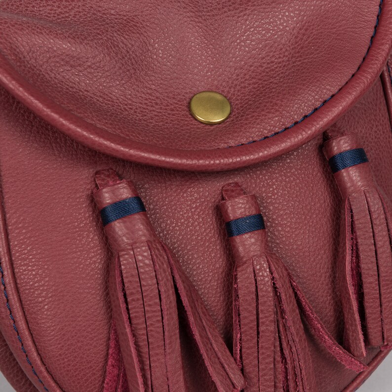 Pu&ograve; includere: Una borsa in pelle bordeaux con tre nappine e un bottone dorato. Le nappine hanno un bordo blu scuro.