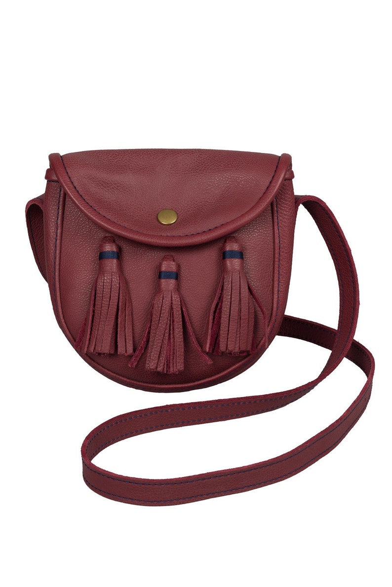 Pu&ograve; includere: Una borsa a tracolla in pelle bordeaux con chiusura a lembo e tre nappine. La borsa ha un bottone dorato e un bordo blu.