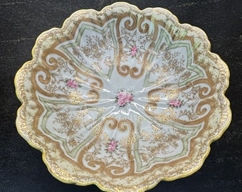 Vintage Antique Noritake Nippon Serving Bowl, Scalloped with Pink Roses on White Field with Gold Beading Trim, Hand Painted, 11”