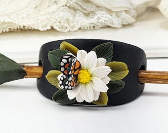 Daisy Butterfly Hair Slide with Stick:  Flower Top Knot Barrette, Ponytail Holder