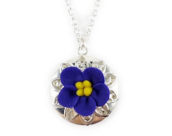 African Violet Locket | African Violet Jewelry | Flower Locket Gift for Her February Birthday African Violet Necklace Birth Flower Jewelry