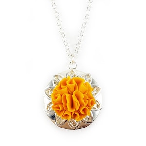 Handmade Marigold Locket: Silver Tone Flower Photo Necklace, Oct Birth Flower