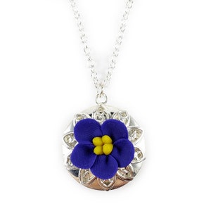 African Violet Locket: Hand Sculpted Polymer Clay Flower, Silver-Plated