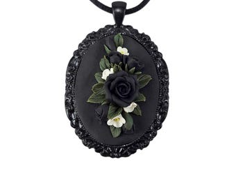 Black Rose Bouquet Cameo Necklace: Hand Sculpted, Polymer Clay, Adjustable Cord