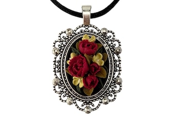 Red Peony Bouquet Cameo Necklace:  Hand Sculpted, Polymer Clay, Antique Silver, Adjustable Black Cord
