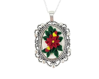 Poinsettia  in Snow Holiday Cameo Necklace: Hand Sculpted, Polymer Clay, Antique Silver