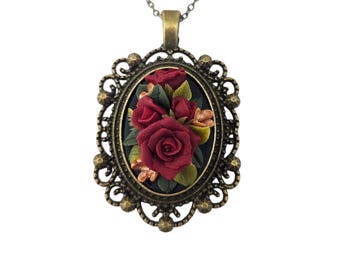 Red Rose Bouquet Cameo Necklace: Hand Sculpted, Polymer Clay, Antique Brass