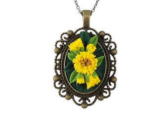 Yellow Dandelion Cameo Bouquet Flower Necklace: Hand Sculpted, Polymer Clay, Antique Brass