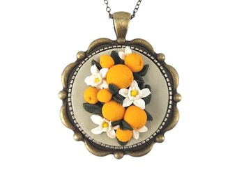 Orange Citrus Fruit Necklace Vintage Botanical: Antique Brass, Cameo