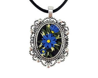 Hand Sculpted Blue Aster Cameo Bouquet Necklace: September Birth Flower, Antique Silver