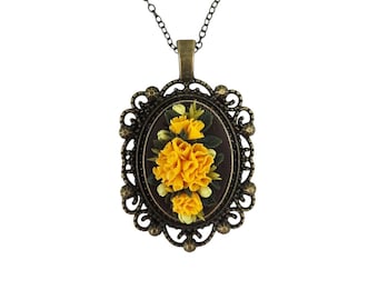Marigold Cameo Bouquet Necklace: October Birth Flower, Hand Sculpted, Polymer Clay, Antique Brass