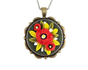 Poppy Cameo Bouquet Flower Necklace: Hand Sculpted, Polymer Clay, Antique Brass