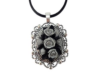 Grey Rose Cameo Bouquet Flower Necklace: Hand Sculpted, Antique Silver, Adjustable Black Cord