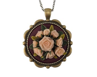 Pale Pink Rose Cameo Bouquet Flower Necklace: Antique Brass, Hand Sculpted, Polymer Clay