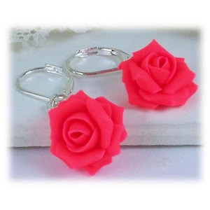 Neon Pink Rose Dangle Earrings: Hand Sculpted Polymer Clay