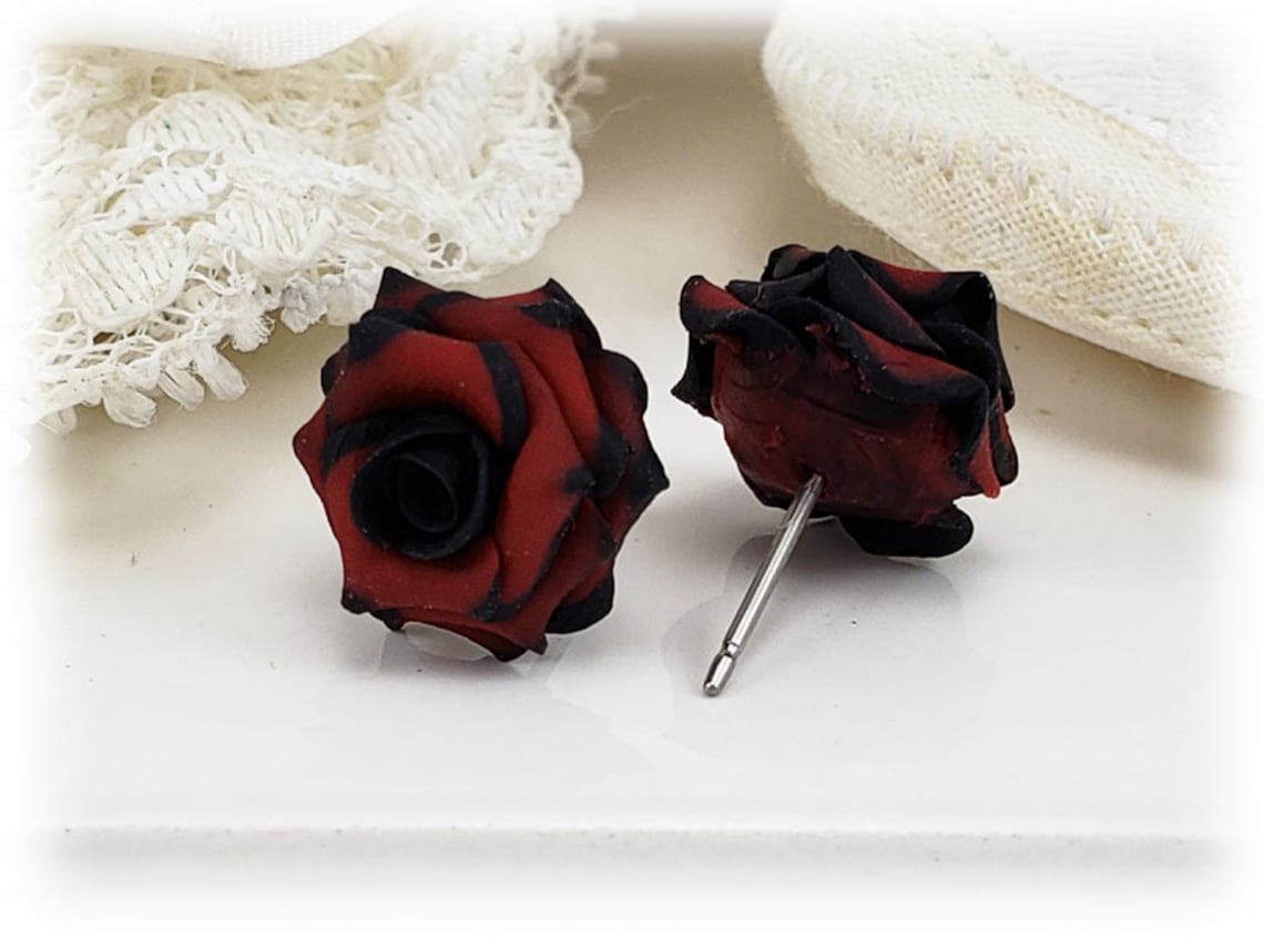 Black Tip Red Rose Earrings Stud or Clip on Gothic Earrings Etsy