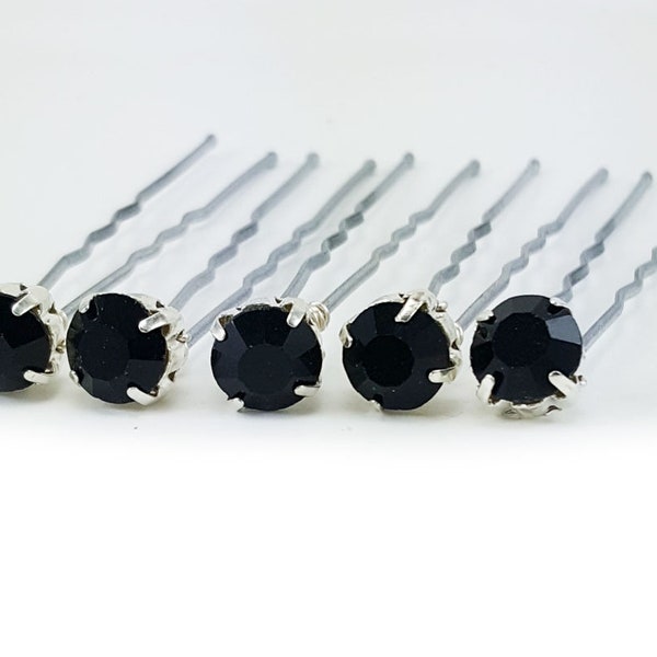 Black Rhinestone Hair Pins 7mm (5) | Black  Wedding Hair Accessories  | Black Gem Bridal Bridesmaid Jewel Bobby Pins
