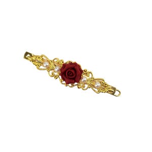 Small Vintage Style Rose Slim Barrette: Filigree Hair Clip with Pearl Embellishments
