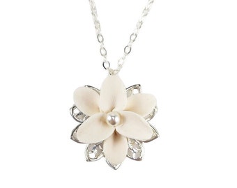 Lily Pearl Filigree Charm Necklace | Vintage Style White Lily Necklace | White Lily Bridal Jewelry