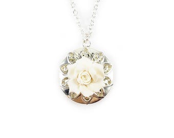 Gardenia Locket Necklace: Silver Tone Handmade Flower Photo Jewelry