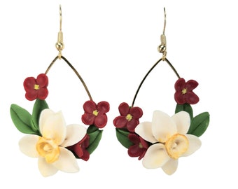 Daffodil Spring Flower Bouquet Teardrop Hoop Earrings | Daffodil Jewelry | Summer Flower Statement Earrings