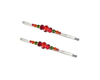Vibrant Red Rhinestone Hair Pins: Christmas Red, Orange, Olive