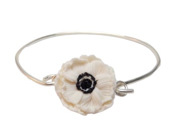 White Anemone Flower Sterling Silver Bangle Bracelet | Anemone Jewelry | Black White Flower Silver Bracelet | Anemone Accessory Gift