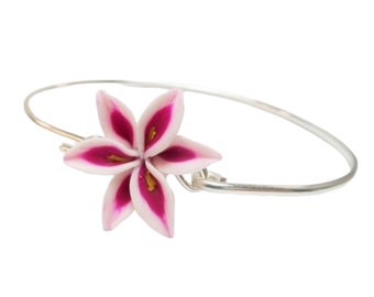 Pink Lily Sterling Silver Bangle: Hand Sculpted Floral Bracelet