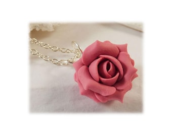 Pink Rose Pendant Necklace: Bridesmaid Jewelry, Sterling Silver or Gold Filled Option