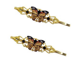Monarch Butterfly Side Hair Pins Set | Orange Butterfly Hair Clip Pins | Vintage Style Butterfly Rhinestone Filigree Side Clip Pins