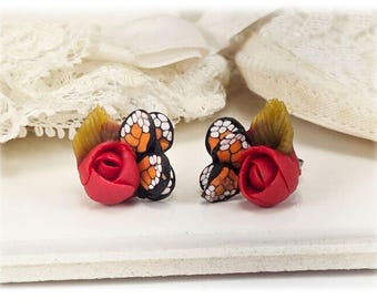 Small Rosebud Butterfly Stud Earrings: Rose Polymer Clay Flower, Hypoallergenic