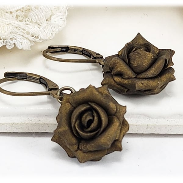 Bronze Rose Dangle Earrings | Bronze Rose Jewelry | Bronze Flower Earrings | Bronze Floral Bridesmaid Gift Earrings For Her