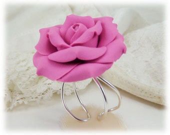 Pink Rose Ring | Pink Rose Jewelry | Pink Flower Ring - Adjustable Base Silver or Gold