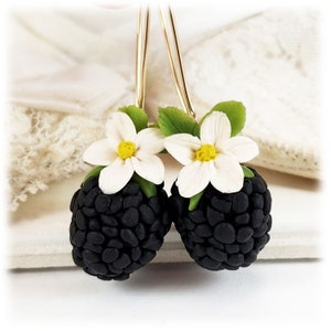 Hand Sculpted Blackberry Blossom Earrings: Polymer Clay Fruit Jewelry