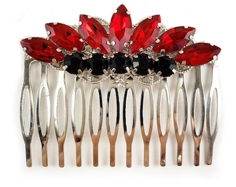 Art Deco Gothic Red Black Rhinestone Hair Comb 2.5 INCH | Goth Hair Accessory | Black and Red Hair Piece