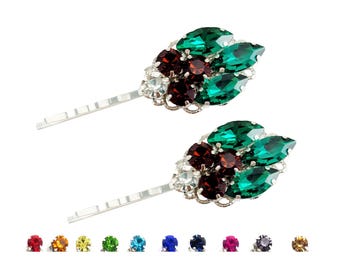 Emerald Rhinestone Bobby Pins: Art Deco Filigree Hair Pins - Custom Colors (Set of 2)