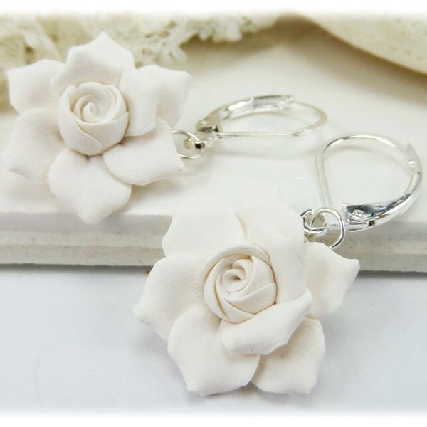 Gardenia Dangle Earrings | Gardenia Jewelry | White Flower Wedding Earrings