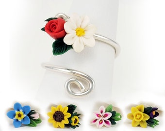 Tiny Flower Bouquet Ring Sterling Silver Adjustable | Dainty Flowers Ring | Assorted Realistic Flowers Bouquet Style Ring