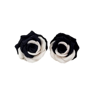 Black White Rose Earrings Stud or Clip On | Black and White Flower Jewelry | Two Color Roses Custom Colors | Hypoallergenic Rose Studs