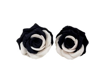 Black White Rose Earrings Stud or Clip On | Black and White Flower Jewelry | Two Color Roses Custom Colors | Hypoallergenic Rose Studs