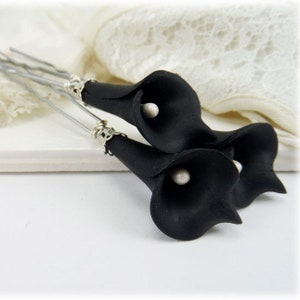 Black Calla Lily Hair Pins 3 Black Calla Lilies Black Flower Hair Pins Wedding Black Bridal Hair Flowers image 1