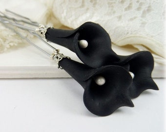 Black Calla Lily Hair Pins (3) | Black Calla Lilies | Black Flower Hair Pins Wedding | Black Bridal Hair Flowers