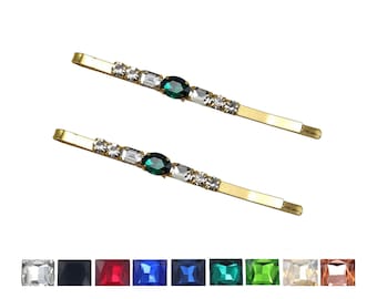Emerald Rhinestone Hair Pins: Jeweled Bobby Pins, Gold or Silver (Set of 2)