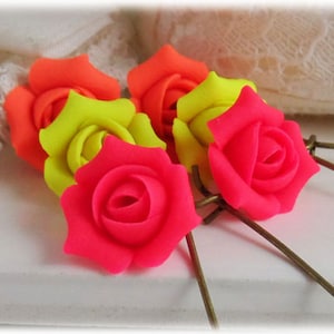 Neon Rosebud Dangle Earrings: Hand Sculpted Polymer Clay Flowers